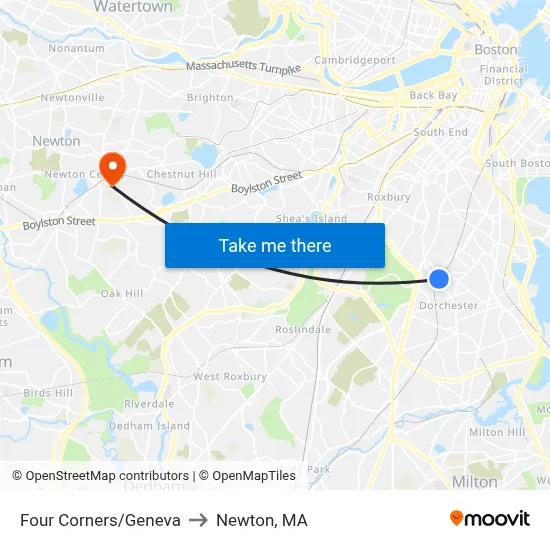 Four Corners/Geneva to Newton, MA map