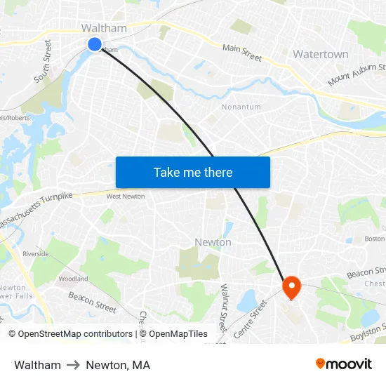 Waltham to Newton, MA map