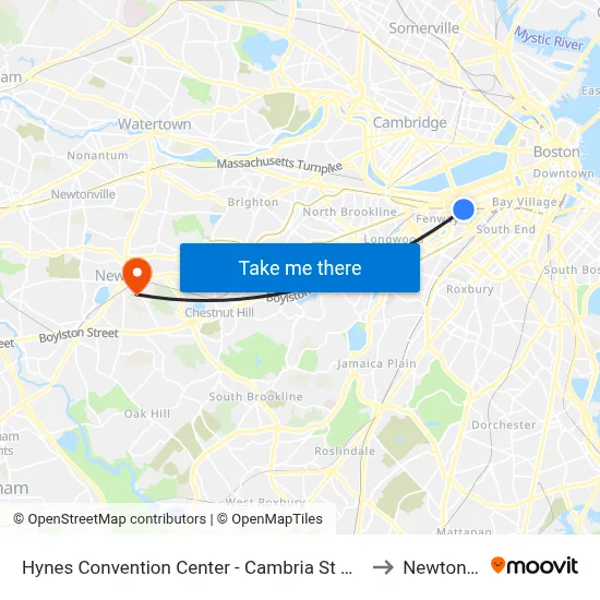 Hynes Convention Center - Cambria St @ Boylston St to Newton, MA map