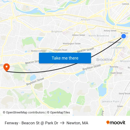 Fenway - Beacon St @ Park Dr to Newton, MA map