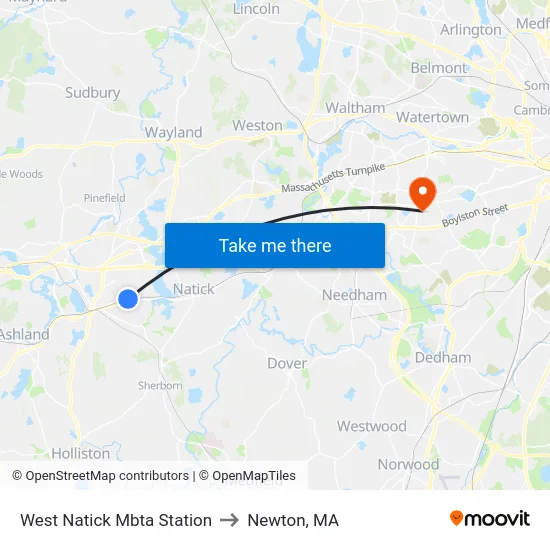 West Natick Mbta Station to Newton, MA map