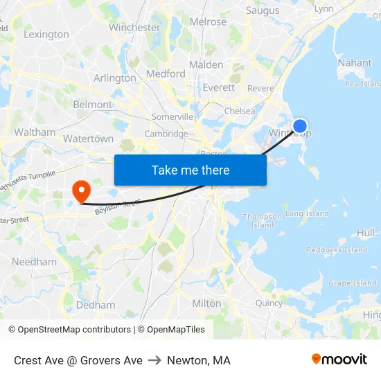 Crest Ave @ Grovers Ave to Newton, MA map