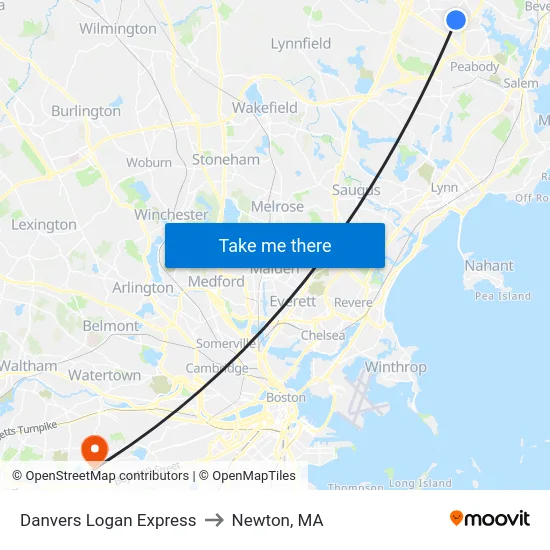 Danvers Logan Express to Newton, MA map