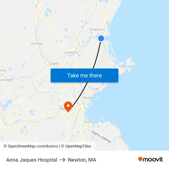 Anna Jaques Hospital to Newton, MA map