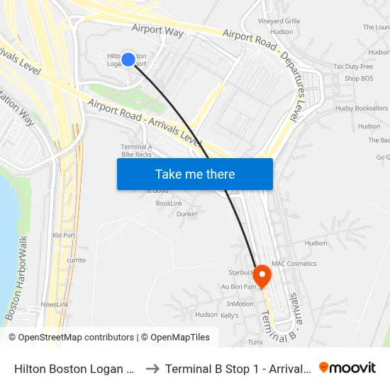 Hilton Boston Logan Airport to Terminal B Stop 1 - Arrivals Level map