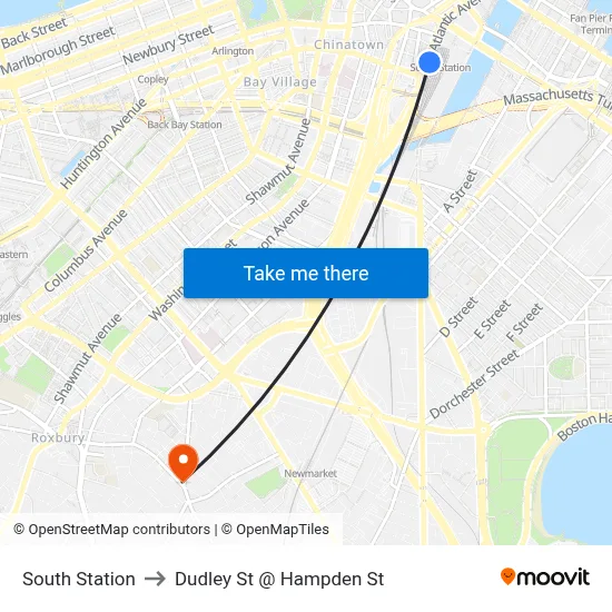 South Station to Dudley St @ Hampden St map