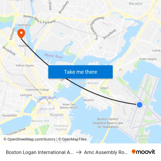 Boston Logan International Airport to Amc Assembly Row 12 map