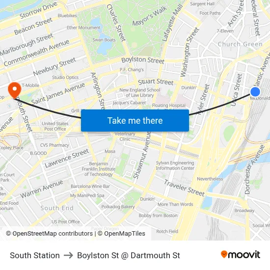 South Station to Boylston St @ Dartmouth St map