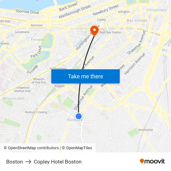 Boston to Copley Hotel Boston map