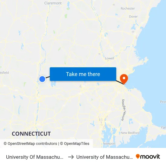 University Of Massachusetts Amherst to University of Massachusetts-Boston map