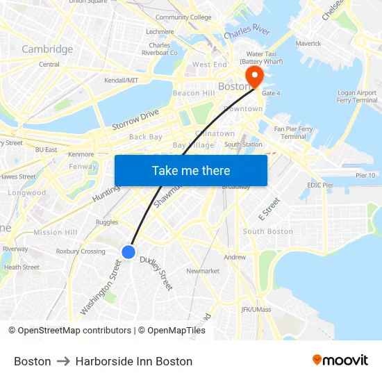 Boston to Harborside Inn Boston map