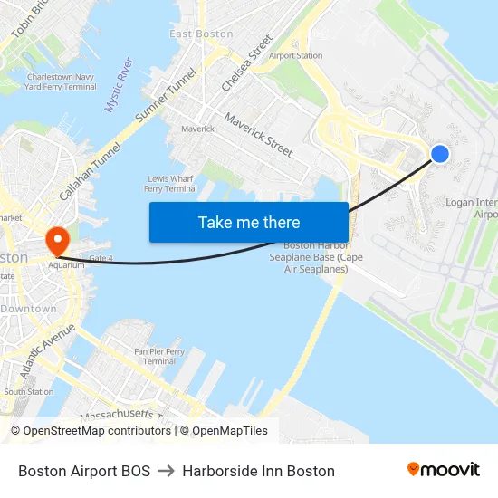 Boston Airport BOS to Harborside Inn Boston map