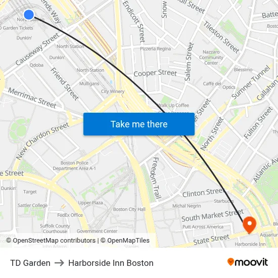 TD Garden to Harborside Inn Boston map