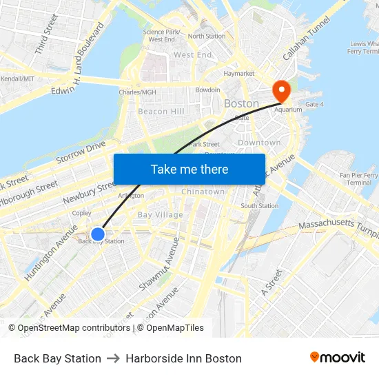 Back Bay Station to Harborside Inn Boston map