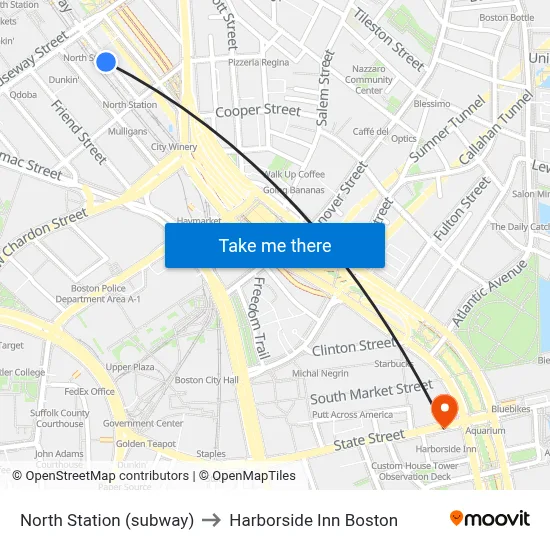 North Station (subway) to Harborside Inn Boston map