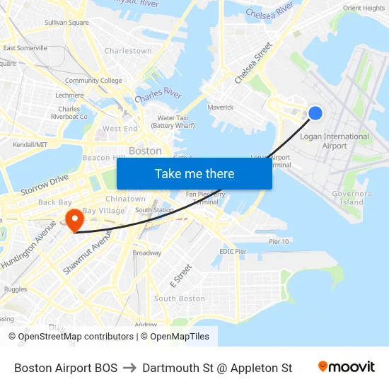 Boston Airport BOS to Dartmouth St @ Appleton St map