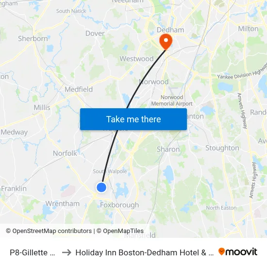P8-Gillette Stadium to Holiday Inn Boston-Dedham Hotel & Conference Center map