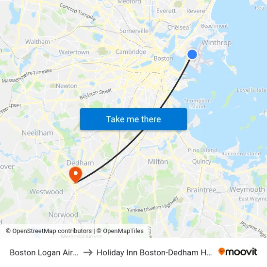 Boston Logan Airport Terminal C to Holiday Inn Boston-Dedham Hotel & Conference Center map