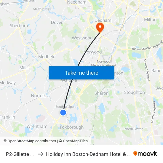 P2-Gillette Stadium to Holiday Inn Boston-Dedham Hotel & Conference Center map