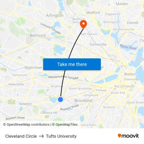 Cleveland Circle to Tufts University map