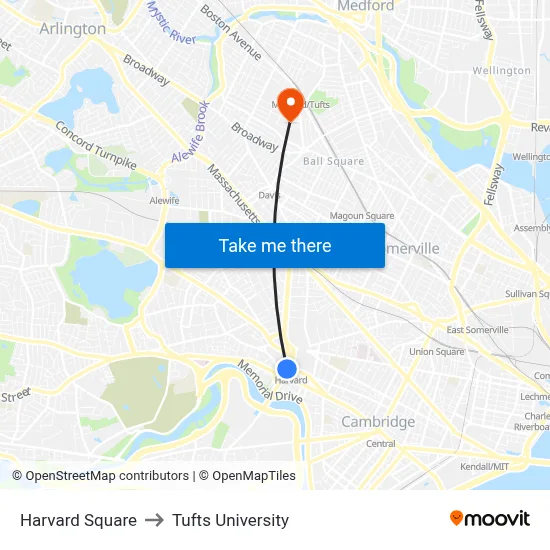 Harvard Square to Tufts University map