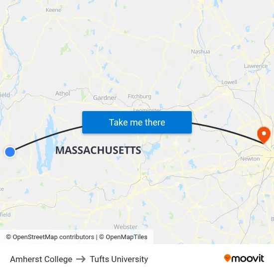 Amherst College to Tufts University map