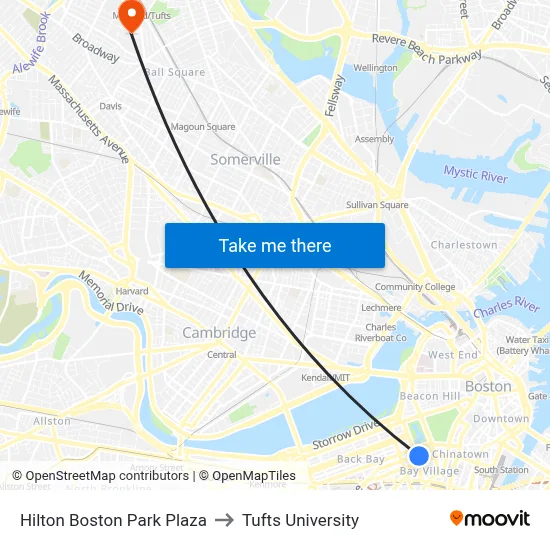Hilton Boston Park Plaza to Tufts University map