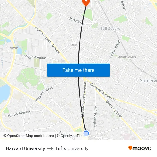 Harvard University to Tufts University map