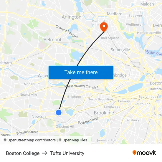 Boston College to Tufts University map