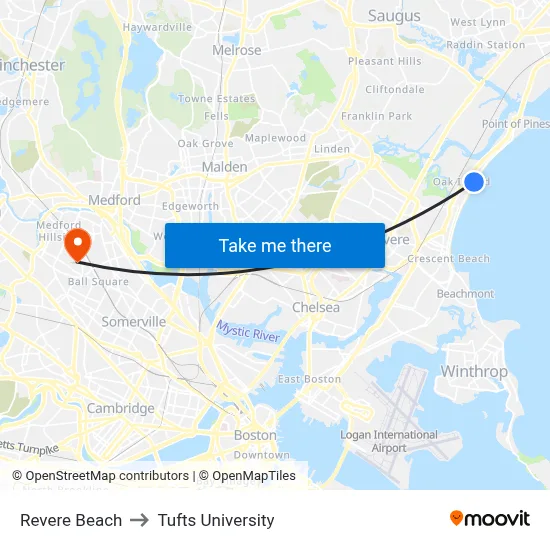 Revere Beach to Tufts University map