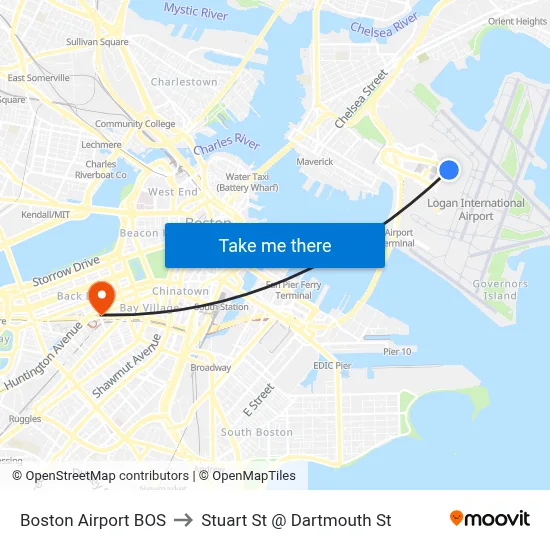 Boston Airport BOS to Stuart St @ Dartmouth St map