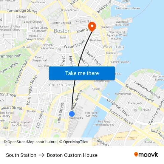 South Station to Boston Custom House map