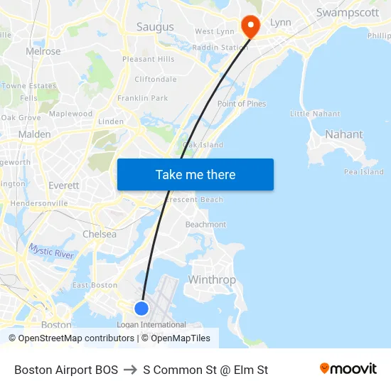 Boston Airport BOS to S Common St @ Elm St map