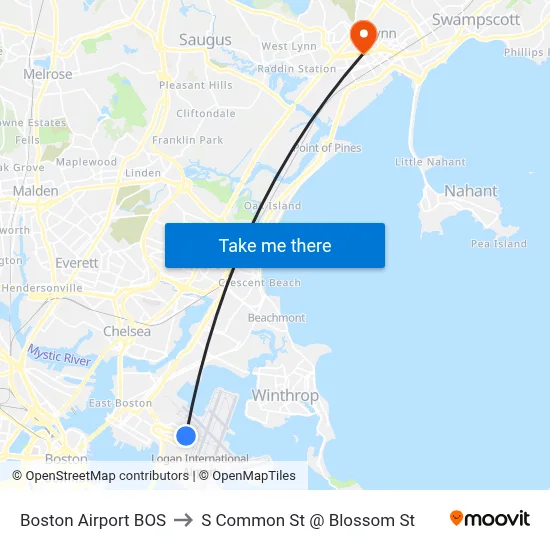 Boston Airport BOS to S Common St @ Blossom St map