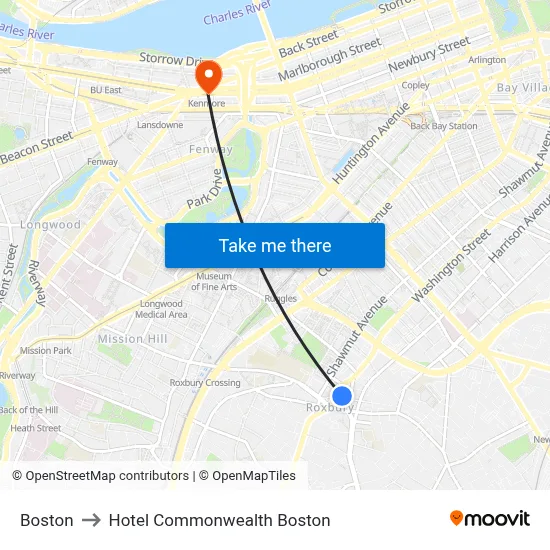 Boston to Hotel Commonwealth Boston map