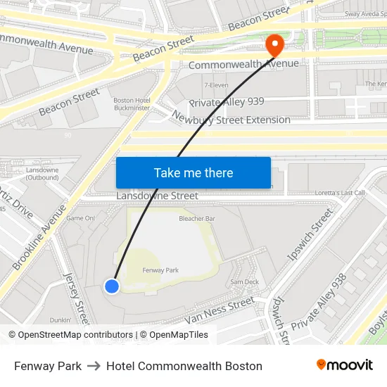 Fenway Park to Hotel Commonwealth Boston map