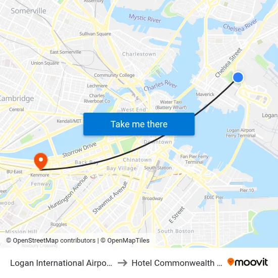 Logan International Airport (BOS) to Hotel Commonwealth Boston map