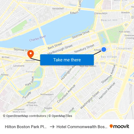 Hilton Boston Park Plaza to Hotel Commonwealth Boston map