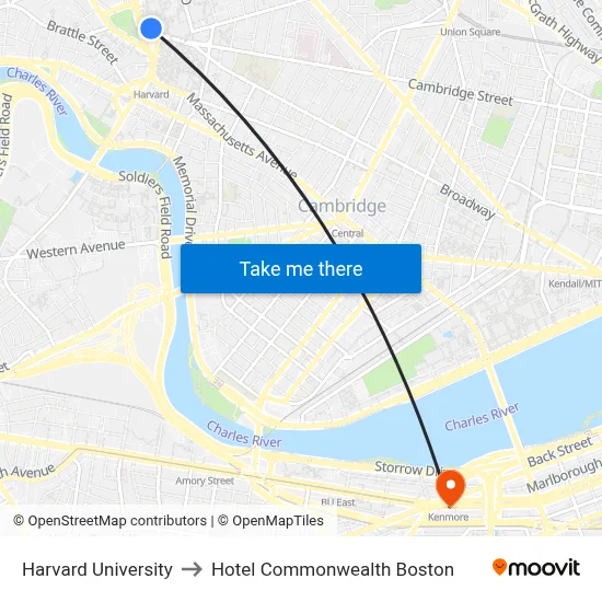 Harvard University to Hotel Commonwealth Boston map