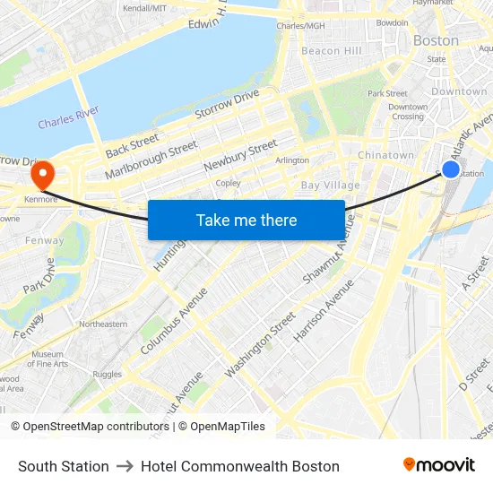 South Station to Hotel Commonwealth Boston map