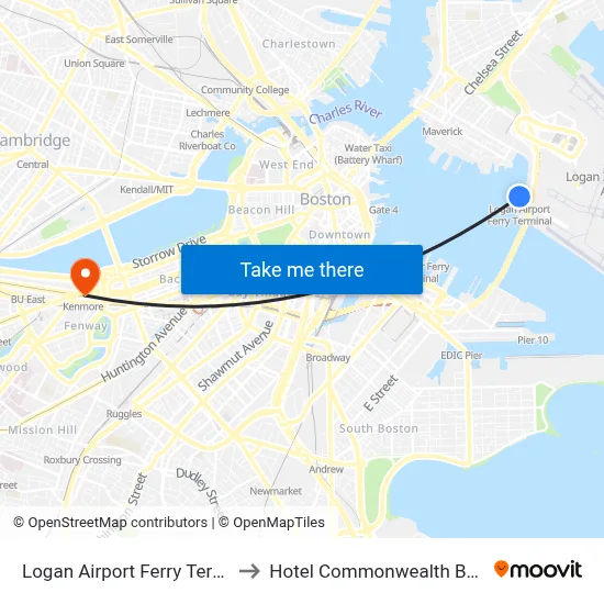 Logan Airport Ferry Terminal to Hotel Commonwealth Boston map