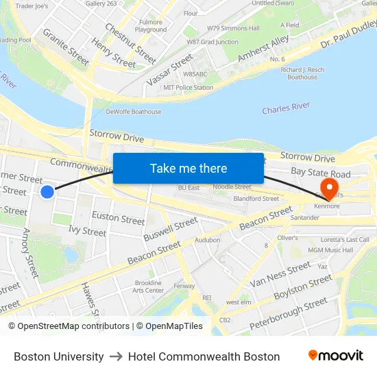 Boston University to Hotel Commonwealth Boston map