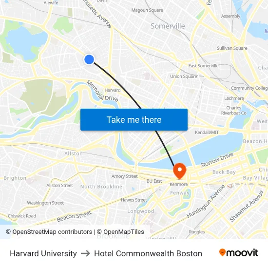 Harvard University to Hotel Commonwealth Boston map
