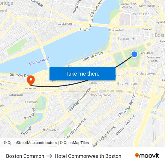 Boston Common to Hotel Commonwealth Boston map