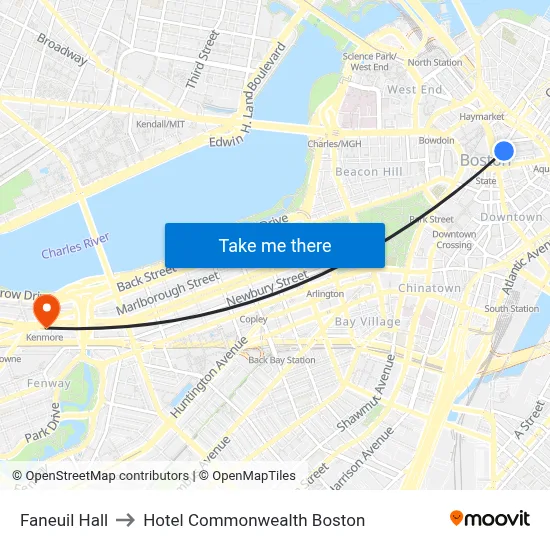 Faneuil Hall to Hotel Commonwealth Boston map