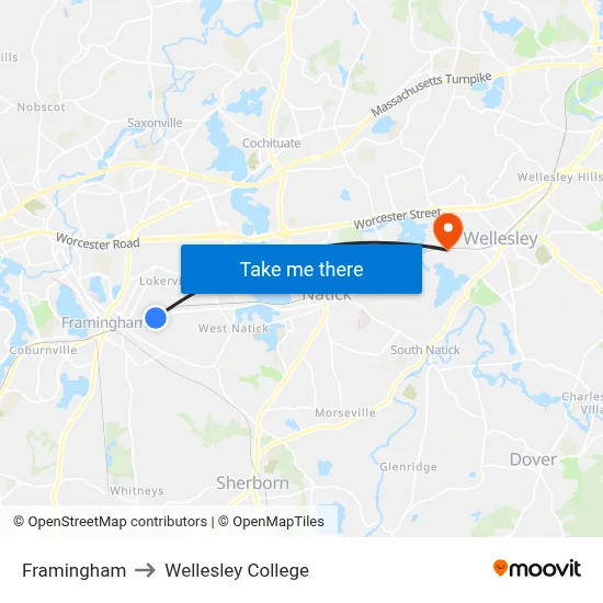 Framingham to Wellesley College map