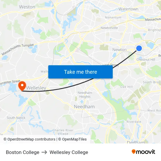 Boston College to Wellesley College map