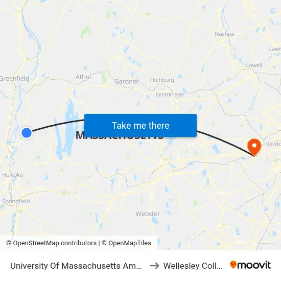 University Of Massachusetts Amherst to Wellesley College map