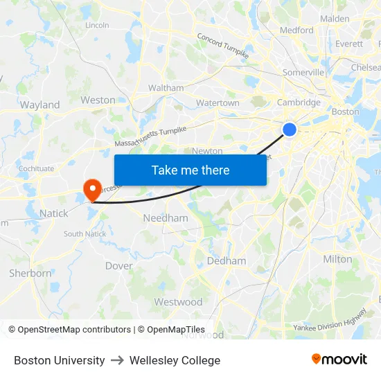 Boston University to Wellesley College map