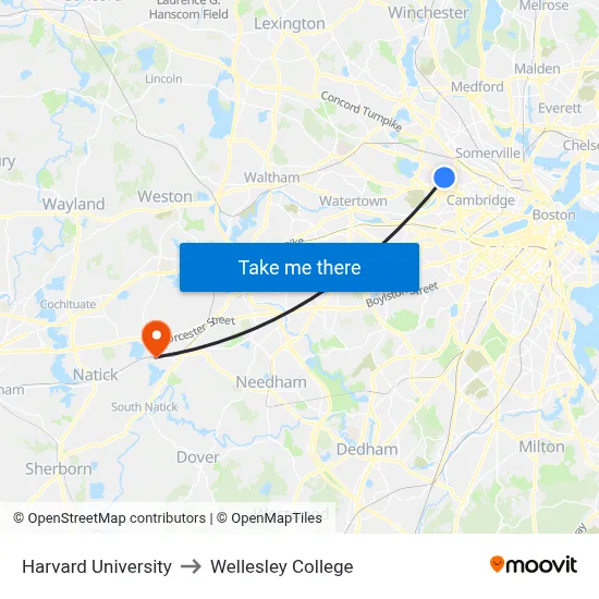 Harvard University to Wellesley College map
